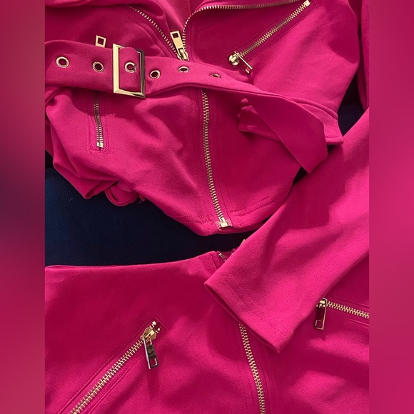 Off the shoulders pink crop jacket skirt set - Picture 3 of 3